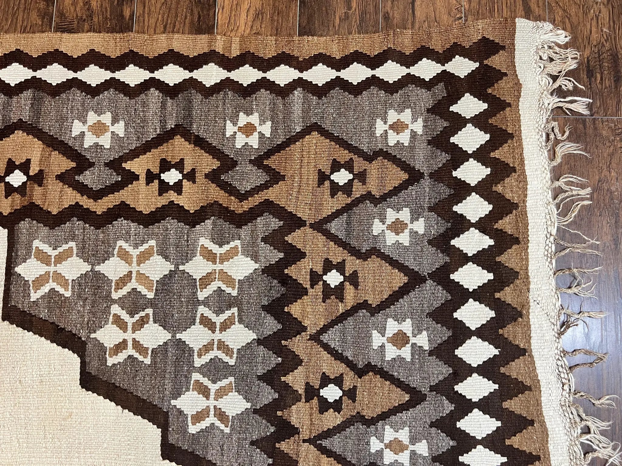 Antique Persian Fars Kilim Rug 8x11, Wool, Boho Tribal Persian Shiraz Flatweave Carpet, Semi Open Field, Geometric, Handmade, Vintage Semi Antique by Jewel Rugs