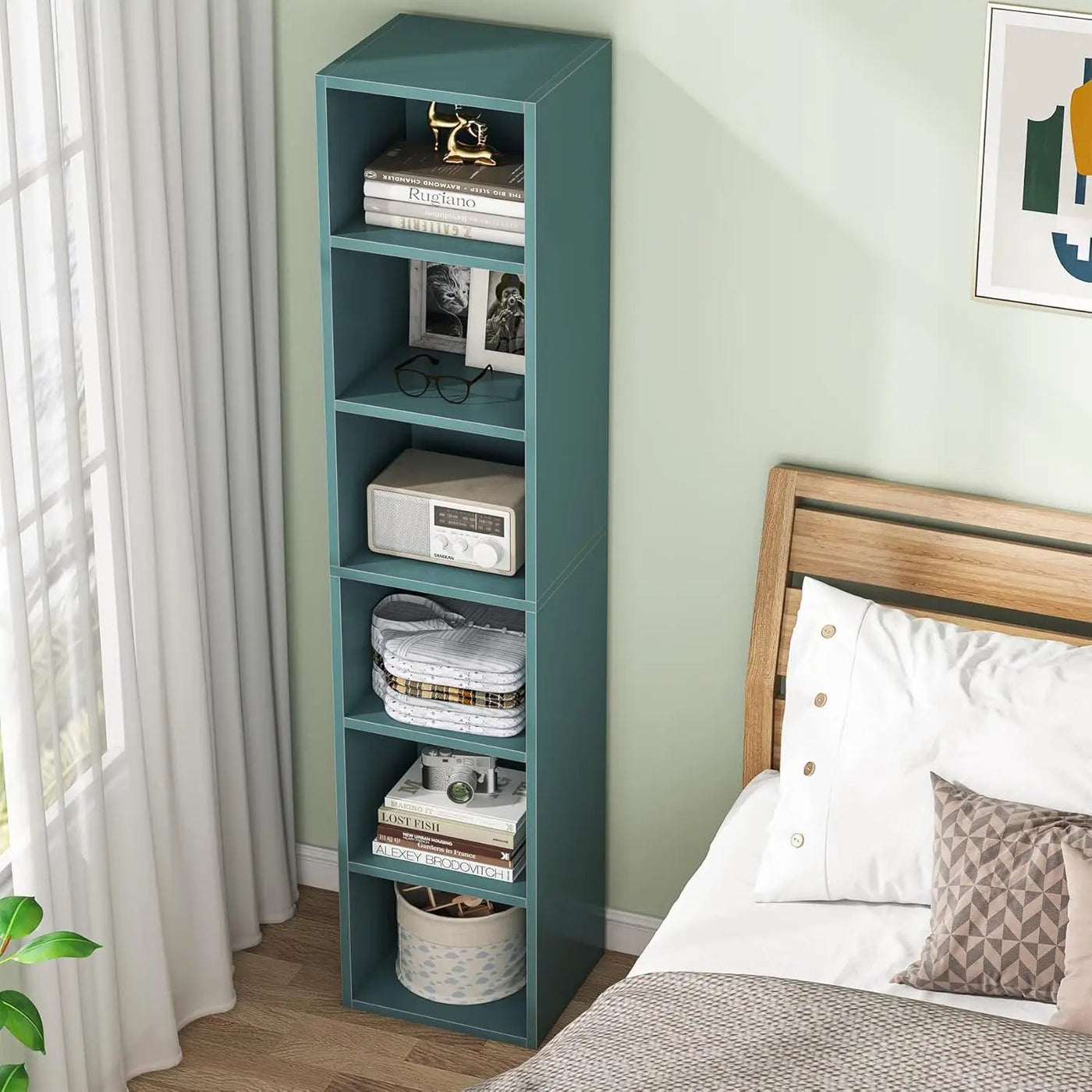 6 Tier Narrow Corner Cube Bookcase Storage, Freestanding Shelf With Open Cubes For Living Room by HouseOfZazla