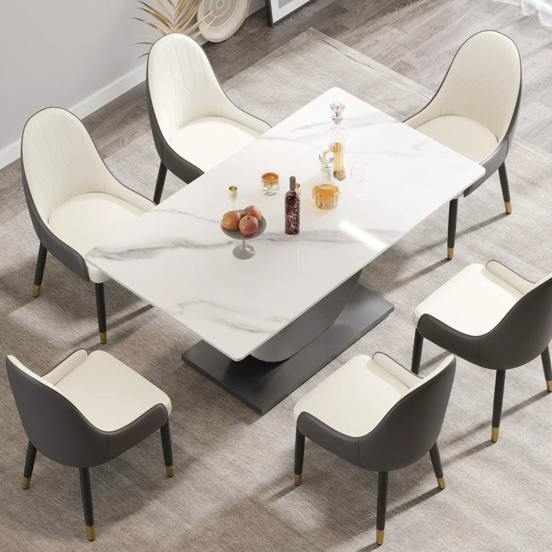 63" Modern Artificial Stone Crescent-Shaped Metal Legs, Can Accommodate 6-8 People - White / Black by HouseOfZazla