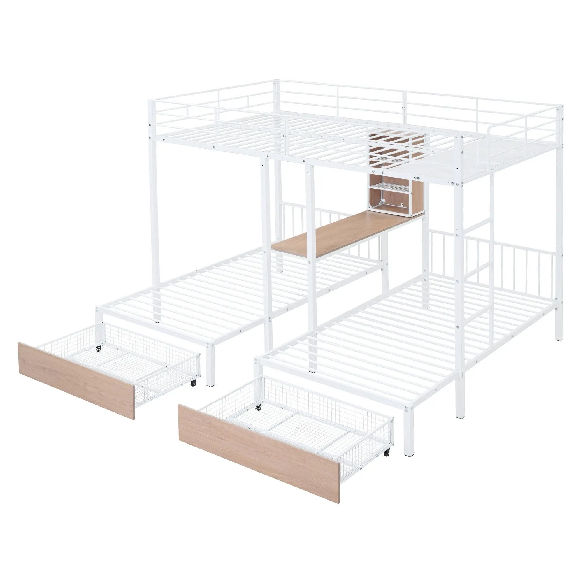 Triple Bunk Bed With Drawers, Multi-Functional Frame With Desks And Shelves In The Middle by HouseOfZazla