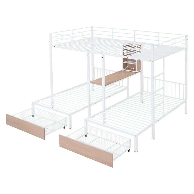Triple Bunk Bed With Drawers, Multi-Functional Frame With Desks And Shelves In The Middle by HouseOfZazla