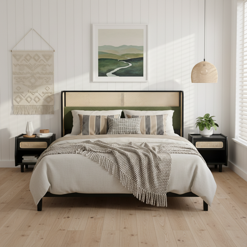 Queen Size Bed Frame with Plush Green Upholstered Headboard by HouseOfZazla
