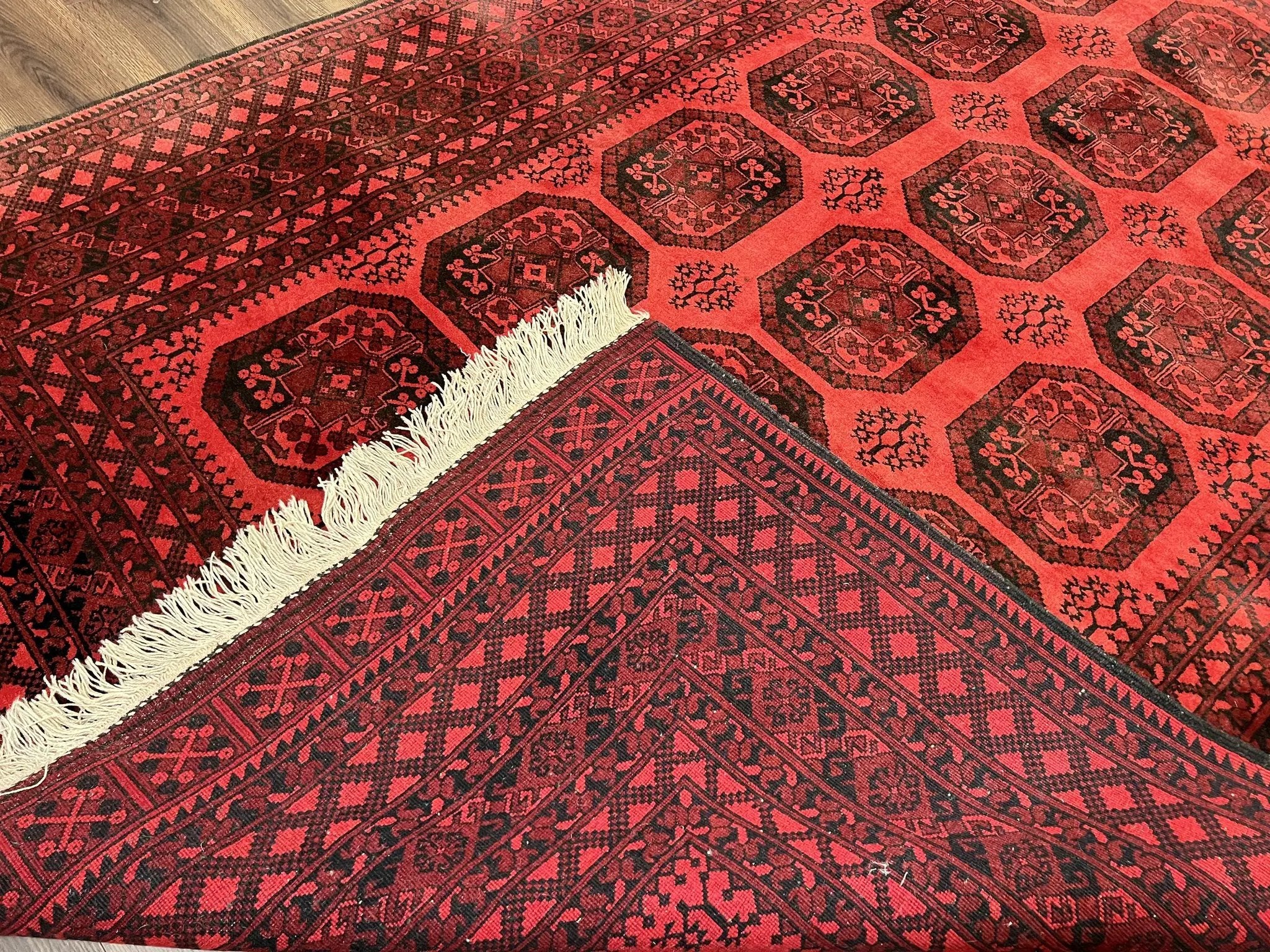 Afghan Turkoman Rug 7x10, Vintage Yamud Beshir Bokhara Carpet, Red and Black Bukhara Hand-Knotted Oriental Wool Handmade Rug, Elephant Foot by Jewel Rugs