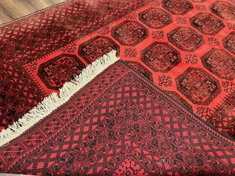 Afghan Turkoman Rug 7x10, Vintage Yamud Beshir Bokhara Carpet, Red and Black Bukhara Hand-Knotted Oriental Wool Handmade Rug, Elephant Foot by Jewel Rugs