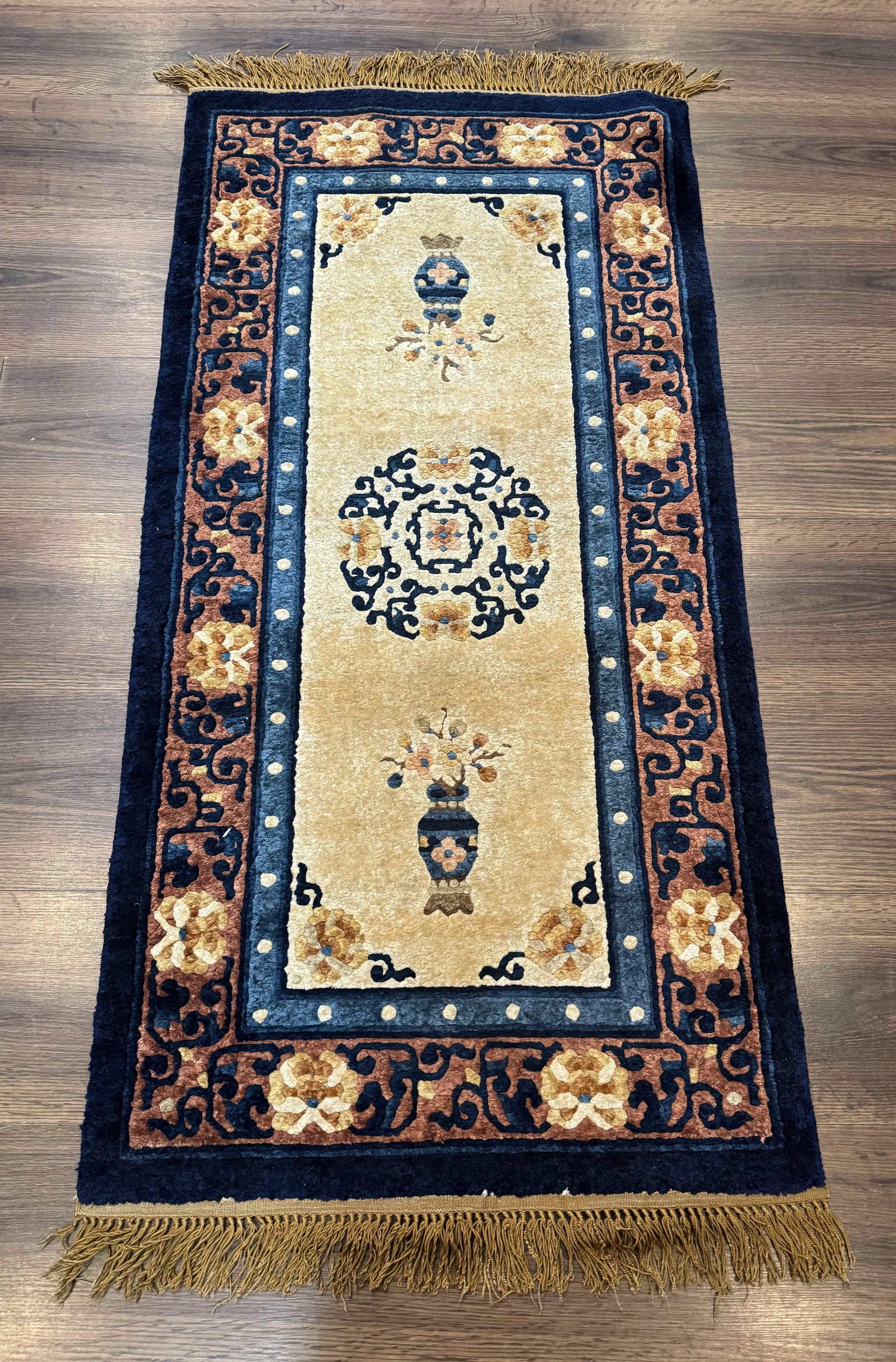Silk Chinese Rug 2x4, Peking Carpet, Golden-Beige and Blue, Hand Knotted, Simple Design by Jewel Rugs