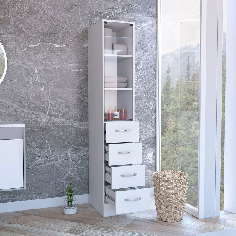 Linen Cabinet, 3 Shelves, 4 Drawers And Metal Handles - White by Unique Piece Furniture