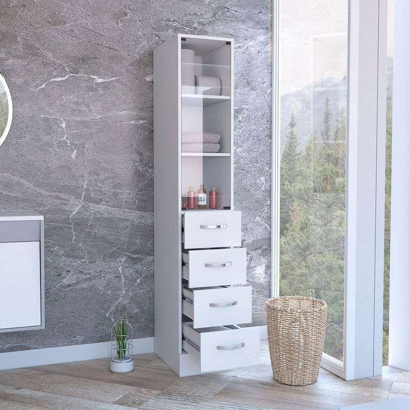Linen Cabinet, 3 Shelves, 4 Drawers And Metal Handles - White by HouseOfZazla