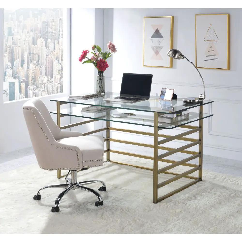 Shona - Writing Desk - Clear Glass Top & Antique Gold by Unique Piece Furniture
