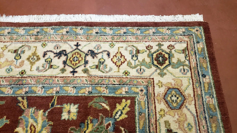 8x12 Indo-Mahal Rug, Floral Allover, Red & Beige, Wool Vintage Handmade Traditional Carpet by Jewel Rugs
