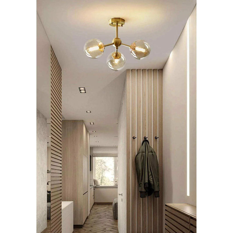 KCO Lighting Glass Globe Sputnik Chandelier 3-Light Brass Gold Close to Ceiling Light Mid Century Flush Mount Ceiling Light for Kitchen Island Bedroom Bathroom (3-Lights) by Selzalot