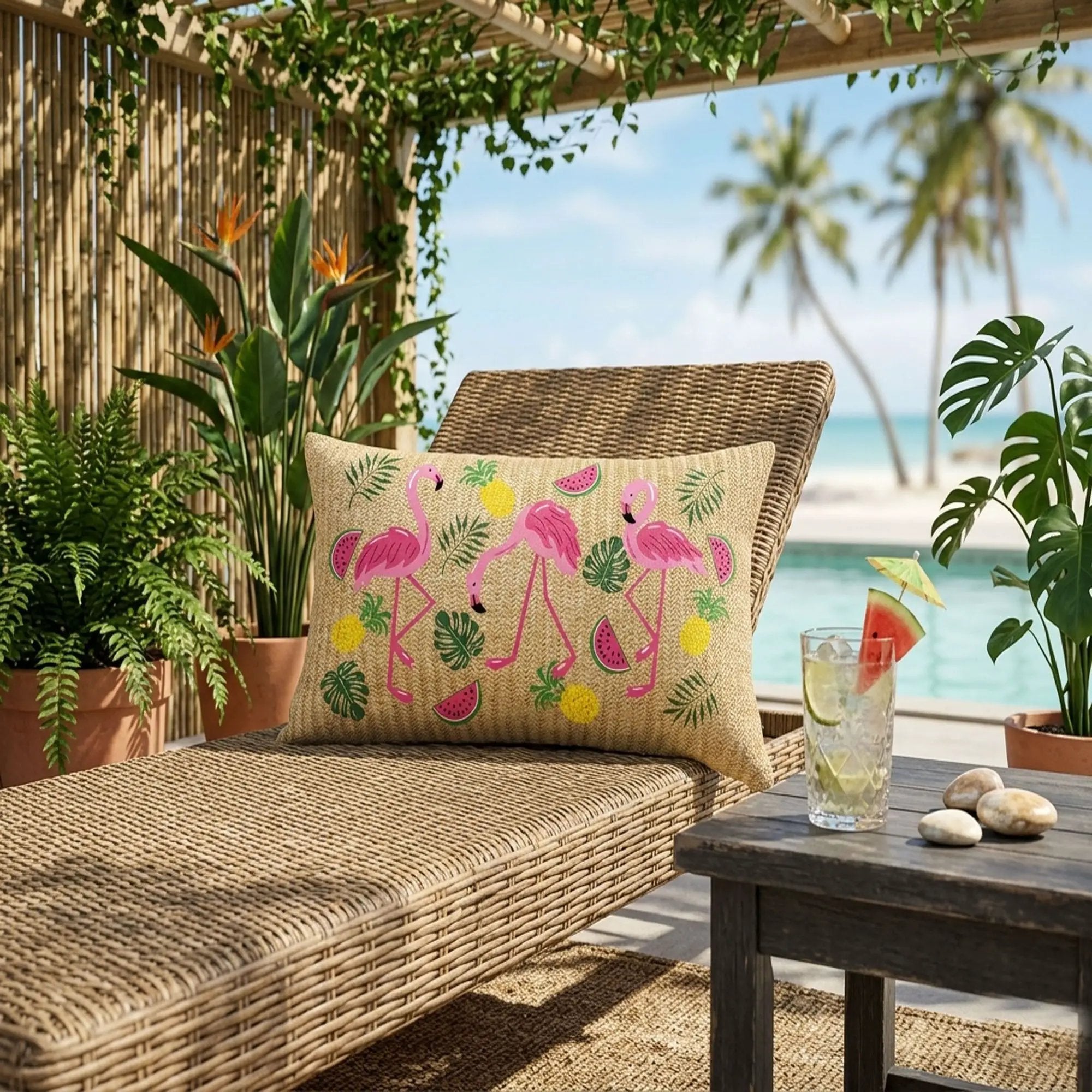 Summer Outdoor Lumbar Flamingo Pillows - Multi by HouseOfZazla