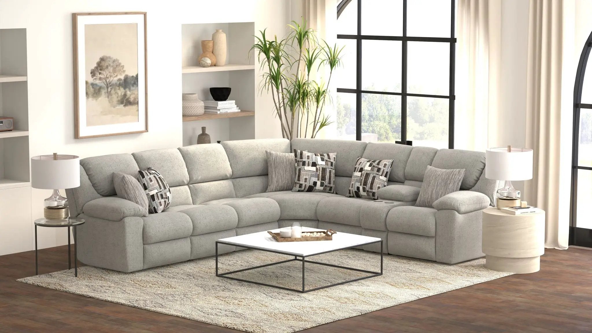 Quinn - 3 Piece Reclining Sectional With 4 Reclining Seats, Storage Arms, Storage Console With Lights, And Drop Down Table - Nature by Unique Piece Furniture