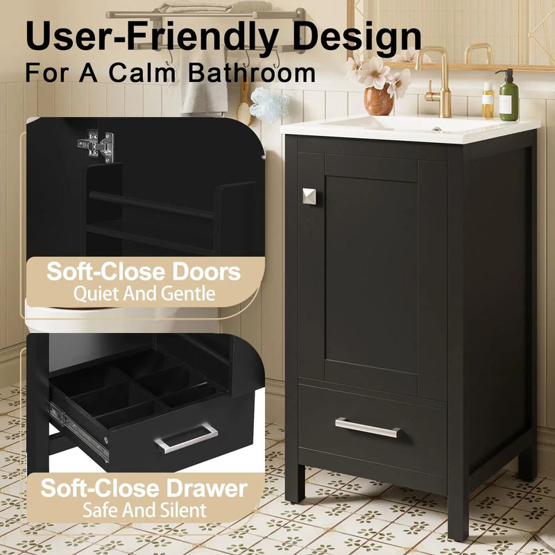 Bathroom Vanity With Ceramic Sink, Soft Close Drawers, Door Organizer, Divider Drawer, Adjustable Foot Pads by HouseOfZazla