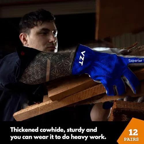 12 Pairs Bulk Leather Work Gloves for Men or Women for Construction, Wood cutting, Driving, Gardening, Automotive Repair, Soft, Cowhide, Class 4 Abrasion Resistant, Blue-White, XXL. by GreenHaven Gardens