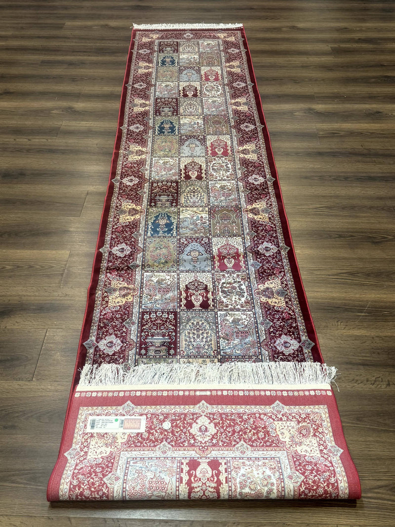 Turkish Silk Runner Rug 2.6 x 11.6, Panel Design, Dark Red Ivory, Bamboo Silk, New by Jewel Rugs