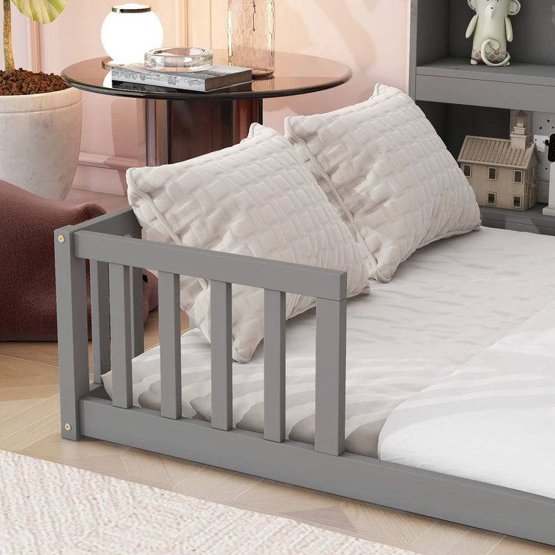 Floor Bed With Side Bookcase, Shelves, Guardrails by HouseOfZazla