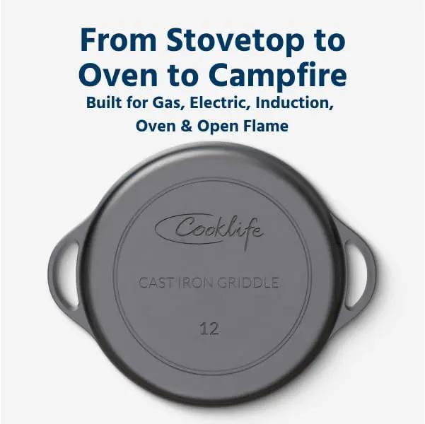 COOKLIFE 12 Inch Lightweight Pre-Seasoned Cast Iron Griddle - Smooth Polished Surface, Easy to Clean Cast Iron skillets Use in the Oven, on the Stove or Grill, Over a Campfire by GreenHaven Gardens