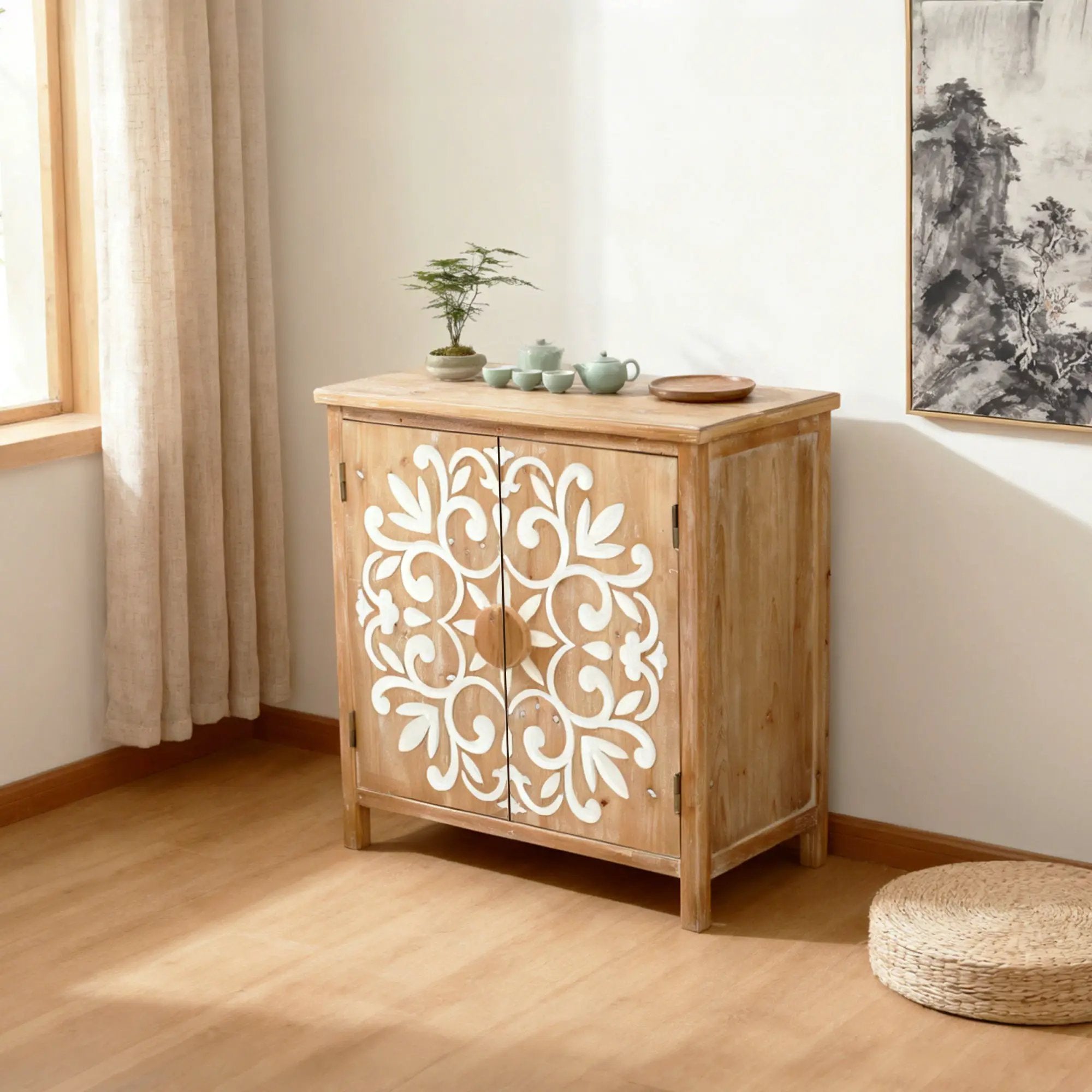 Rustic Wooden Accent Cabinet with Floral Carved Doors by HouseOfZazla