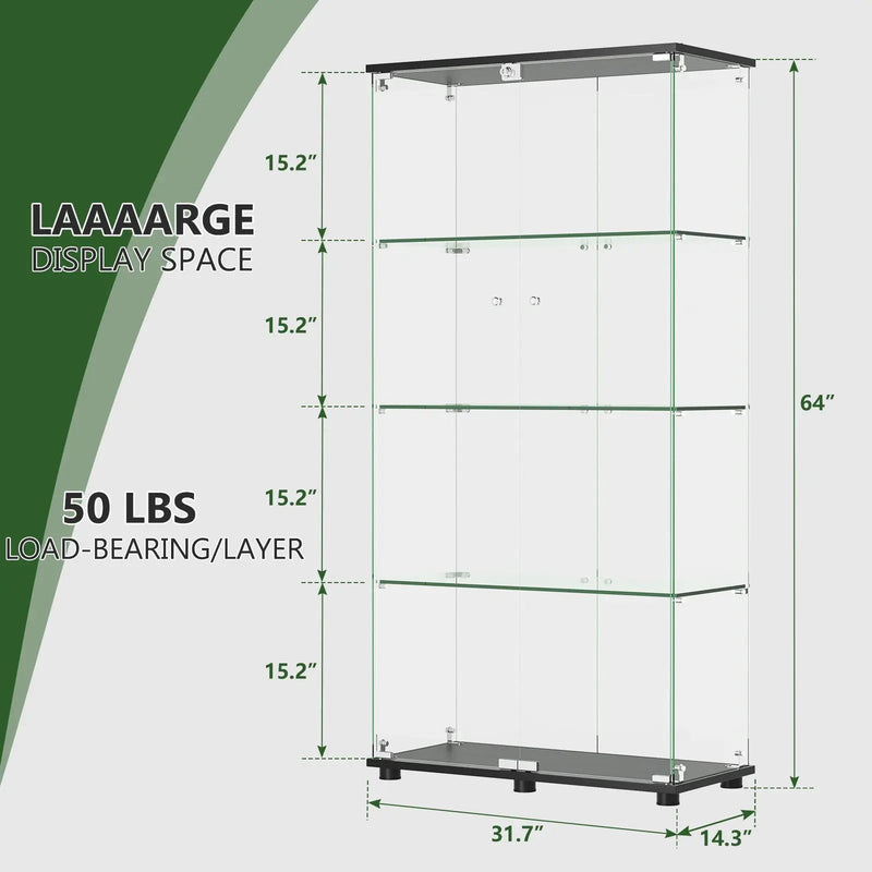 Modern Glass Display Cabinet With 4 Shelf Double Doors And Lock, Tempered Glass Bookshelf For Living Room - Black by HouseOfZazla