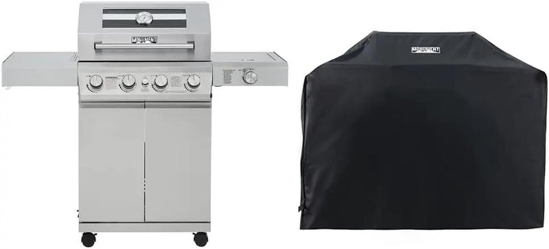 Monument Grills Larger 4-Burner Propane Gas Grills BBQ Stainless Steel Heavy-Duty Cabinet Style with BBQ Cover by GreenHaven Gardens
