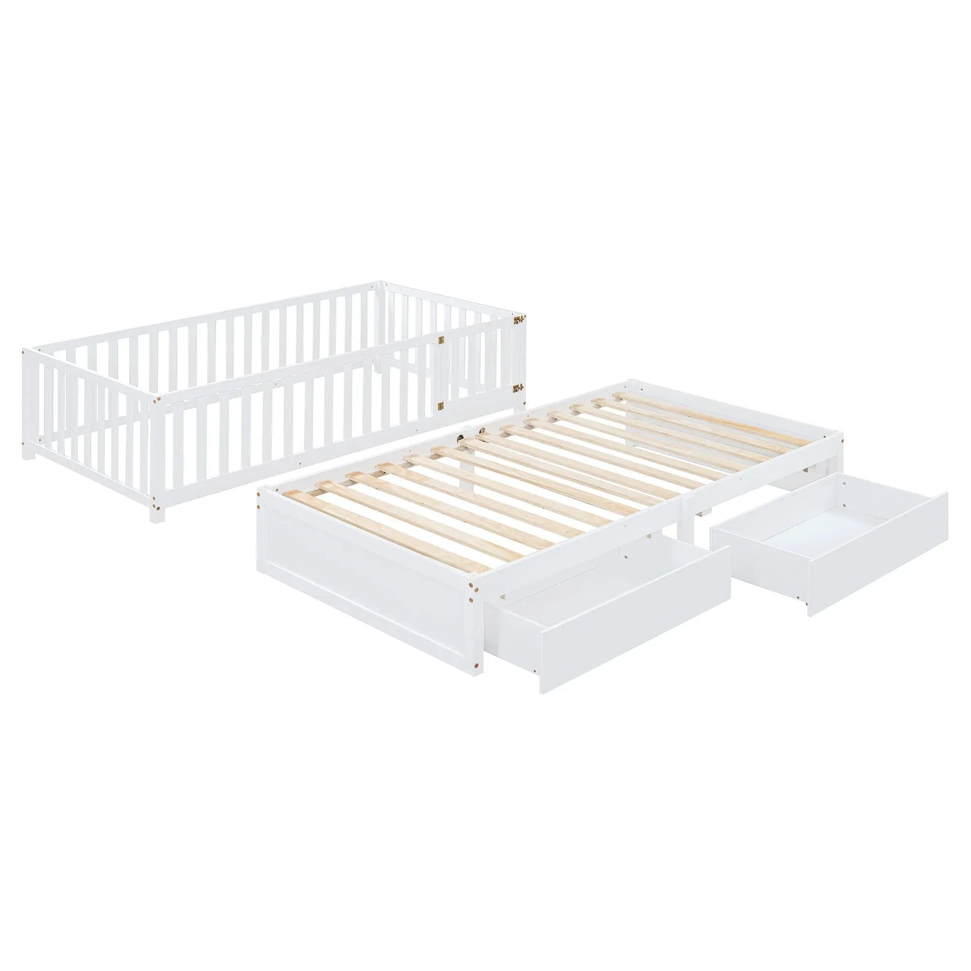 Daybed With Fence Guardrails And 2 Drawers, Split Into Independent Floor Bed & Daybed by HouseOfZazla