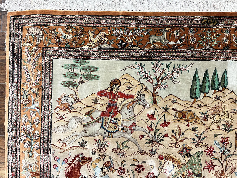 Silk Persian Qum Rug 3x5, Hunting Pattern, Handmade Vintage Carpet, Signed by Master Weaver, Horsemen Pictorials, Super Fine 650 KPSI by Jewel Rugs