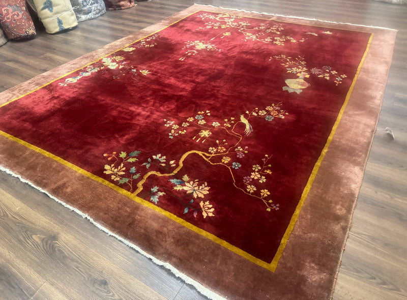Red Chinese Art Deco Rug 9x11, Simple Design, Wool Chinese Area Rug, Antique by Jewel Rugs