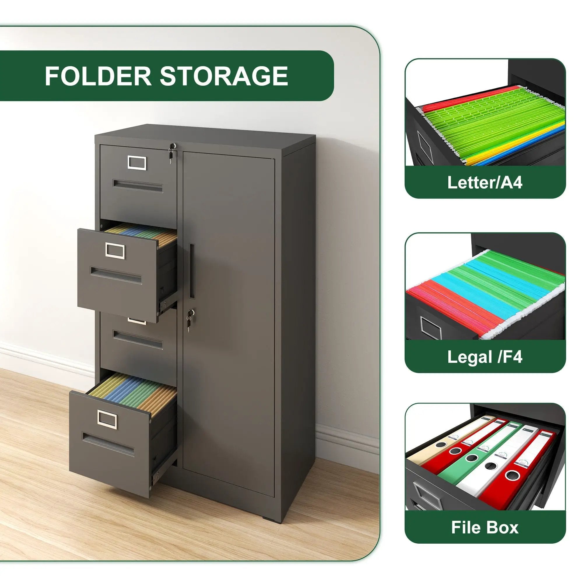 Metal Storage Vertical Filing Cabinet With Lock, 4 Drawers, 1 Door, Steel Construction, School / Office Use by Unique Piece Furniture