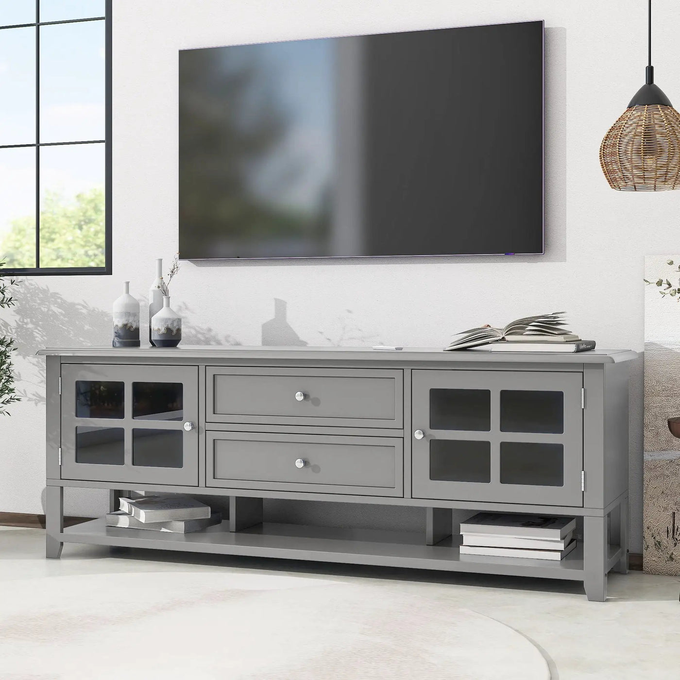 TV Stand, Entertainment Center With Dual Drawers And Hidden Storage, Cabinet With Soft Closing Doors And Sleek Panel Design by HouseOfZazla
