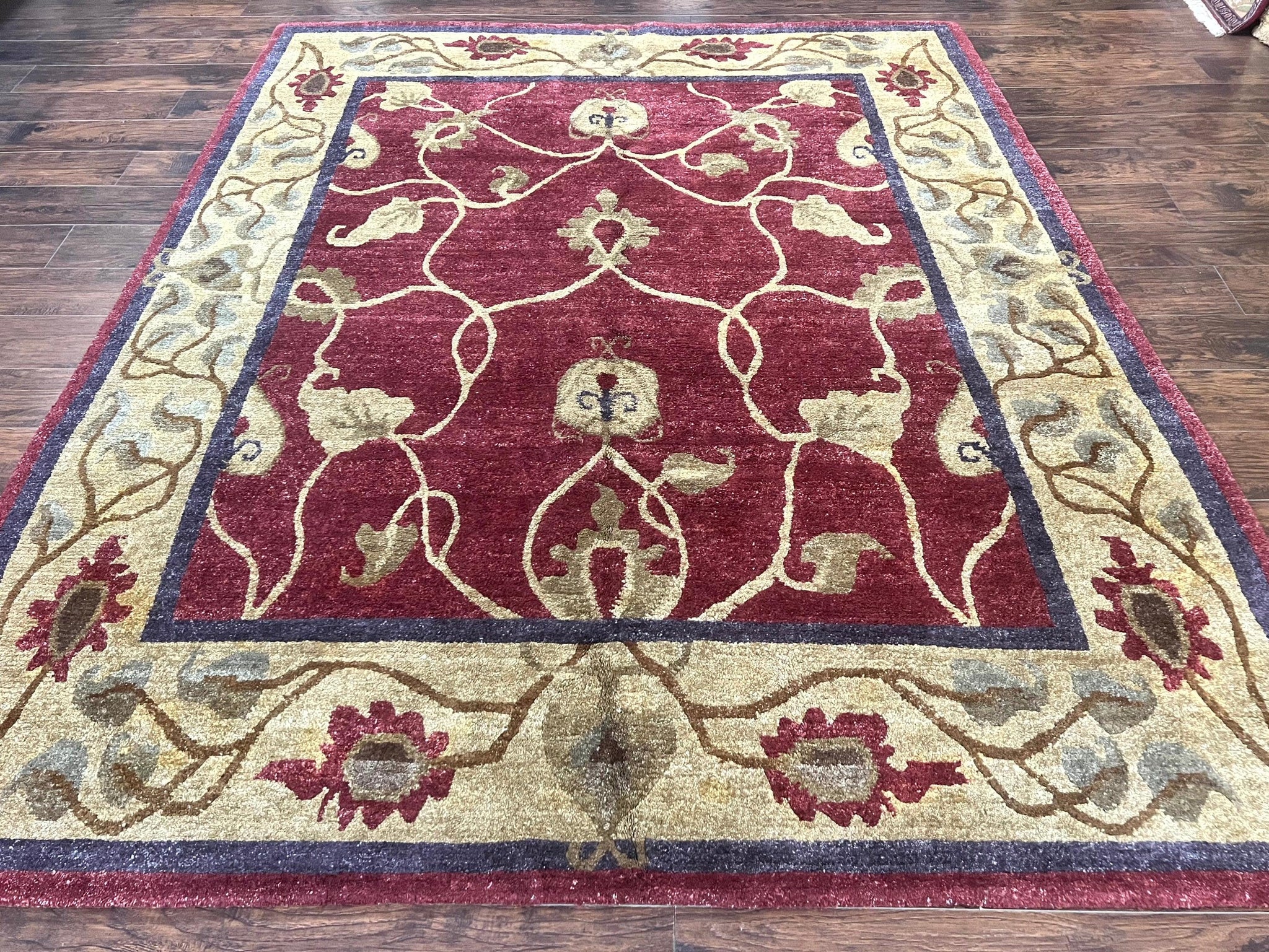 Tibetan Aubusson Rug 8x10, Maroon and Beige, Floral, Handmade, Wool, Vintage, Traditional Rug by Jewel Rugs