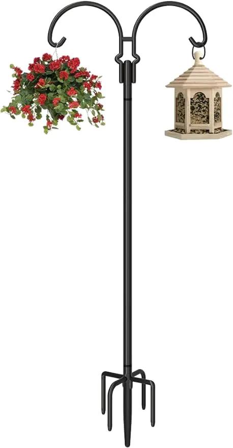 Outdoor Double Shepherds Hook with 5 Prong Base, 60 Inch Adjustable Heavy Duty Two Sided Bird Feeder Pole Stand for Hanging Plant Baskets, Solar Light Lanterns, Hummingbird Feeder, 1 Pack by GreenHaven Gardens