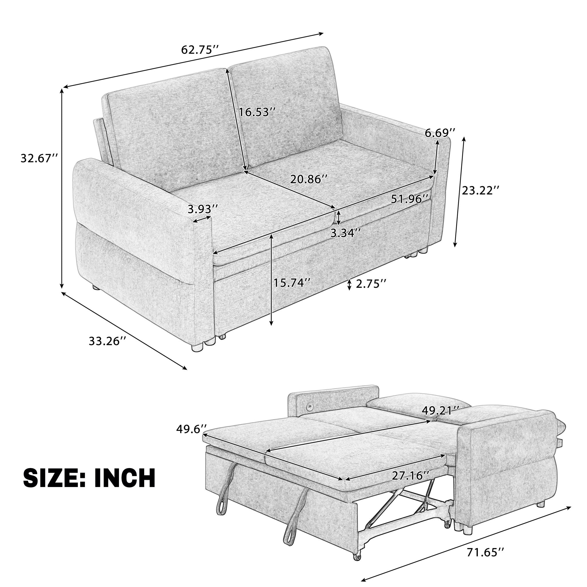 Convertible Sofa Bed Loveseat With Adjustable Backrest And USB Ports by HouseOfZazla