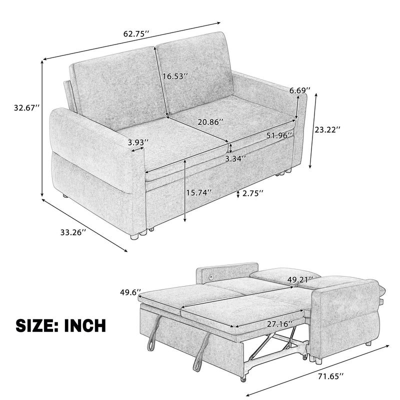 Convertible Sofa Bed Loveseat With Adjustable Backrest And USB Ports by HouseOfZazla