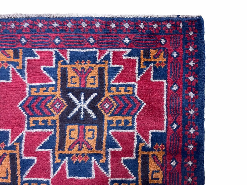 2' 8" X 4' 6" Vintage Handmade Tribal Wool Rug Balouchi Rug Afghan Rug Red Blue by Jewel Rugs