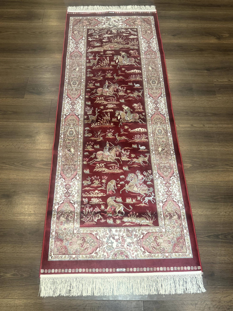 Turkish Silk Rug 2.6 x 6.7, Hunting Design, Short Runner Rug, Red & Ivory, Bamboo Silk, New by Jewel Rugs