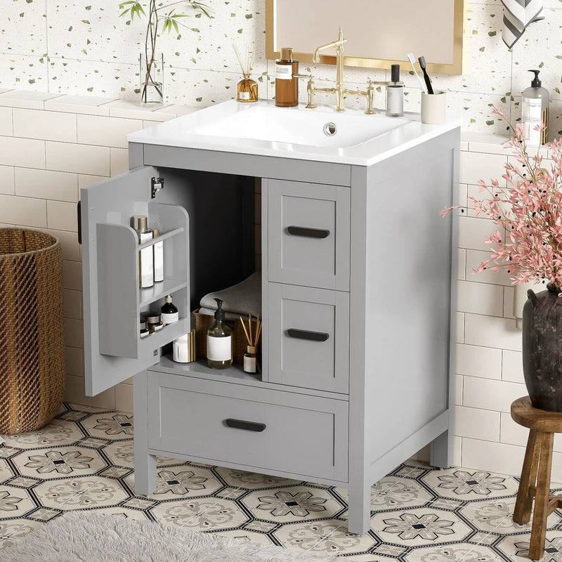 Bathroom Vanity With Sink, Soft Close Door, Double Layer Door Shelf And 3 Drawers - Gray by Unique Piece Furniture