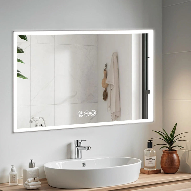 Modern LED Bathroom Vanity Mirror With Aluminum Frame, 45° Beveled Lights, Anti Fog - Silver by Unique Piece Furniture