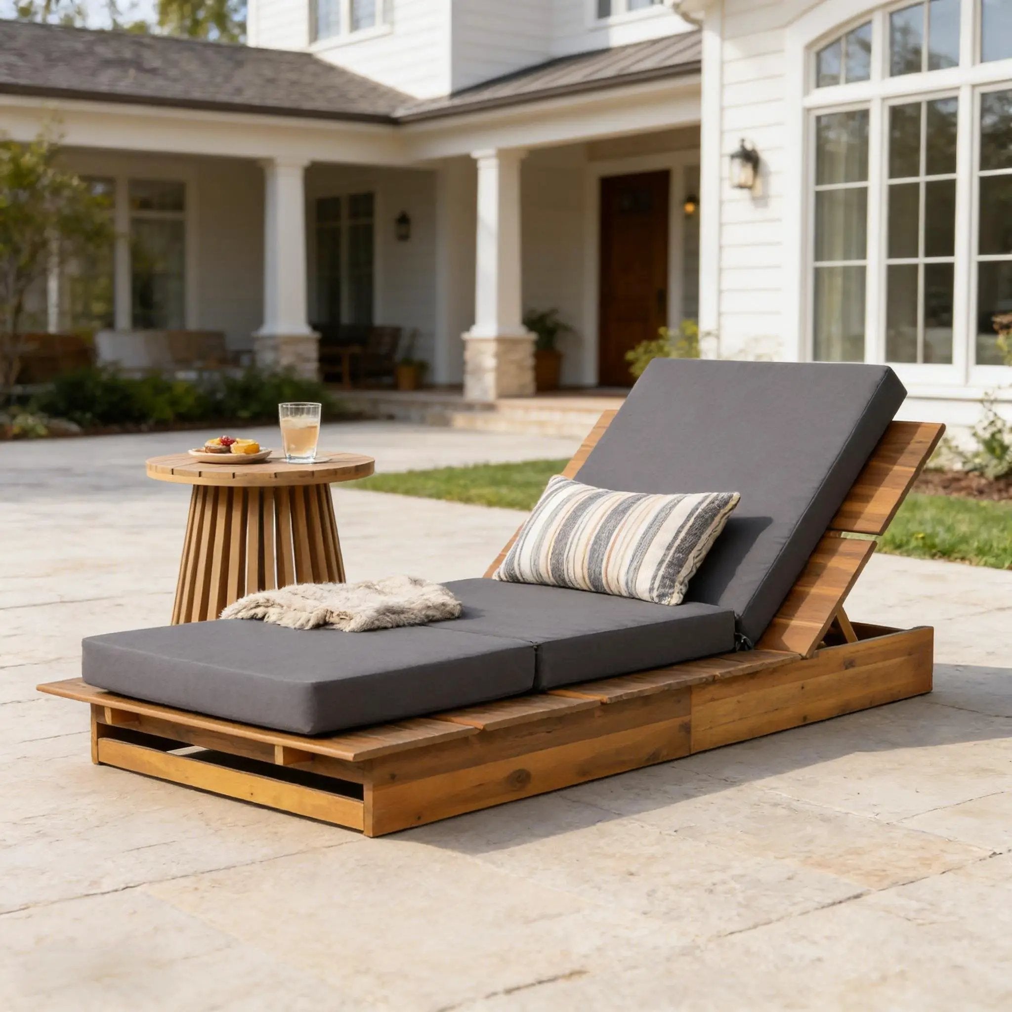 Acacia Wood Chaise Lounge with 4" Thick 3-Fold by HouseOfZazla