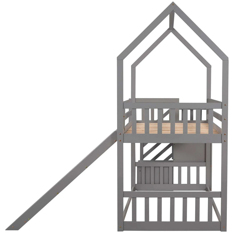 Twin Over Twin House Bunk Bed With Convertible Slide, Storage Staircase by Unique Piece Furniture