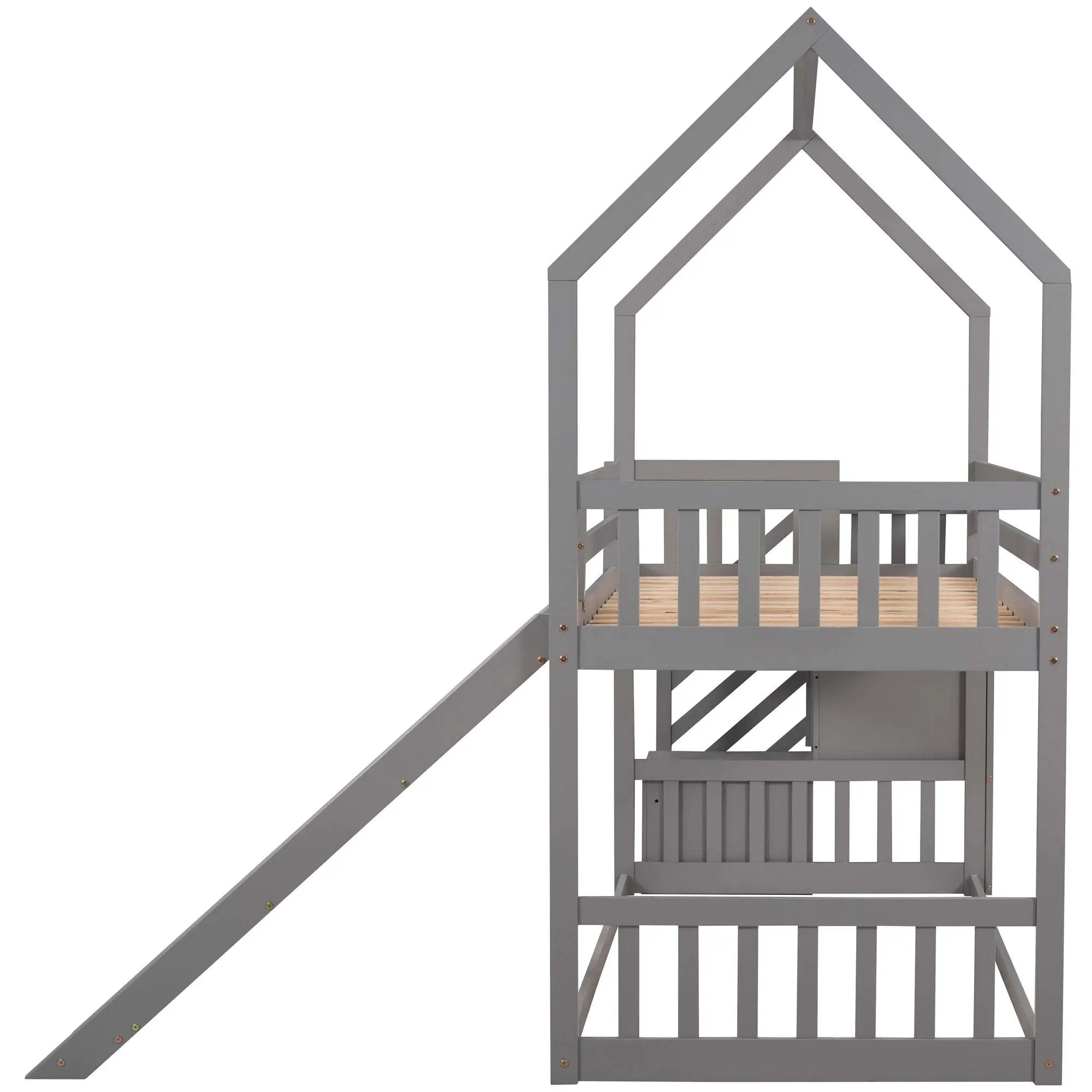 Twin Over Twin House Bunk Bed With Convertible Slide, Storage Staircase by HouseOfZazla