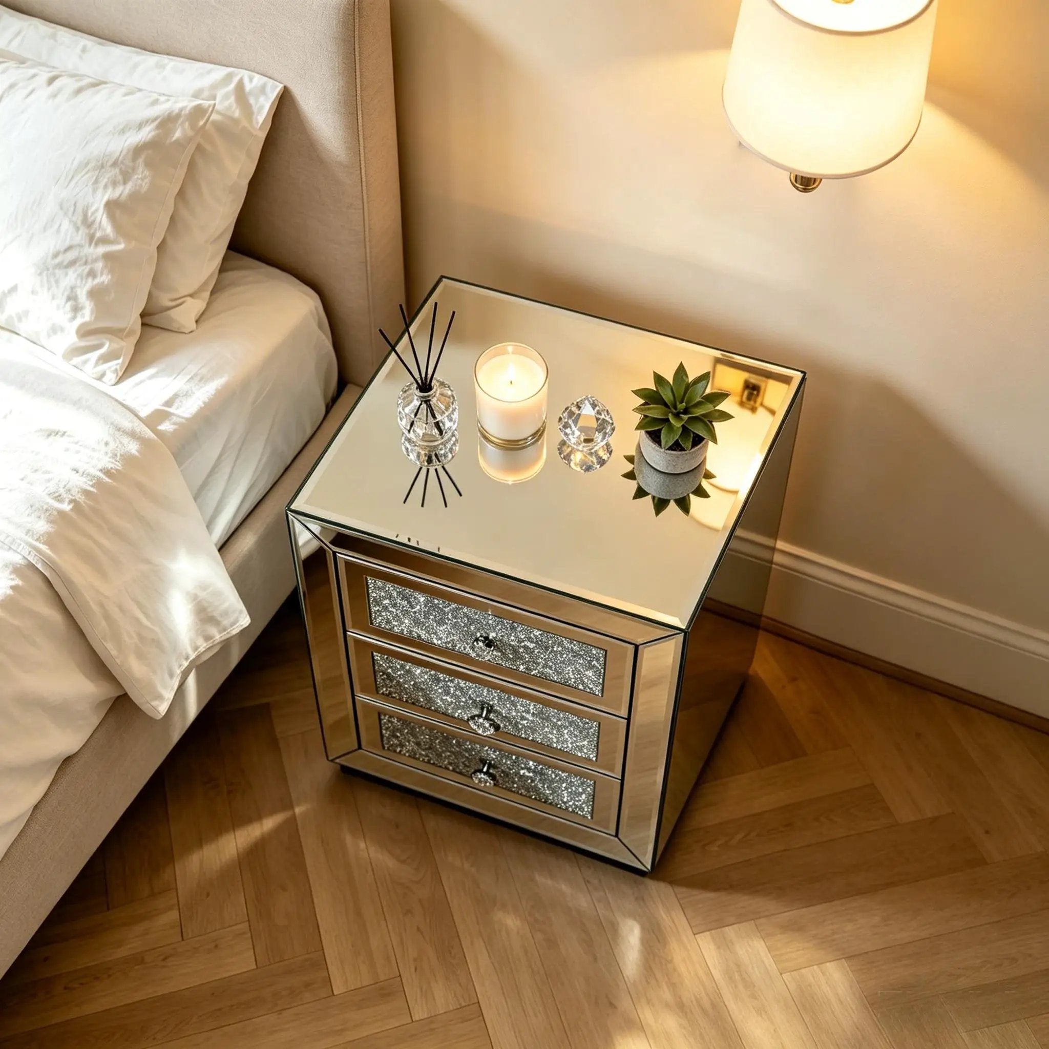 3 Drawer Nightstand With Glass Accents, Bedside Table For Bedroom - Silver by HouseOfZazla