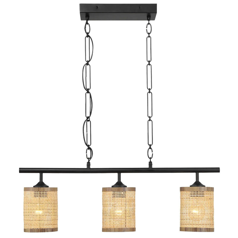 Elysian - 3 Lights Island With Natural Shade Farmhouse Chain Ceiling Lamp - Black / Rattan by HouseOfZazla