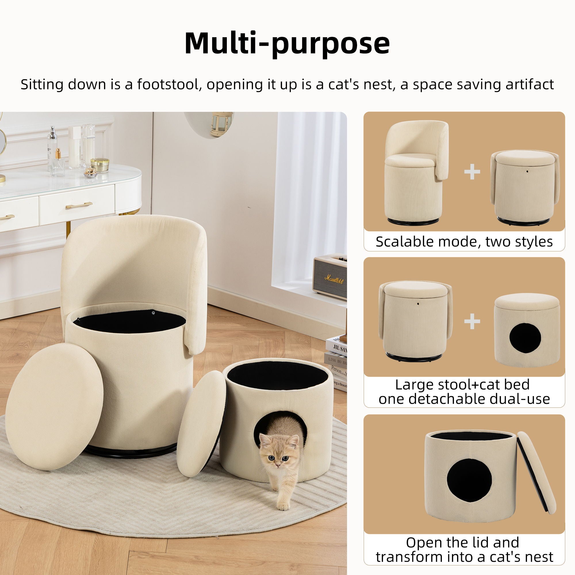 Barrel Chair, Built In Storage, 360° Swivel - Beige by HouseOfZazla