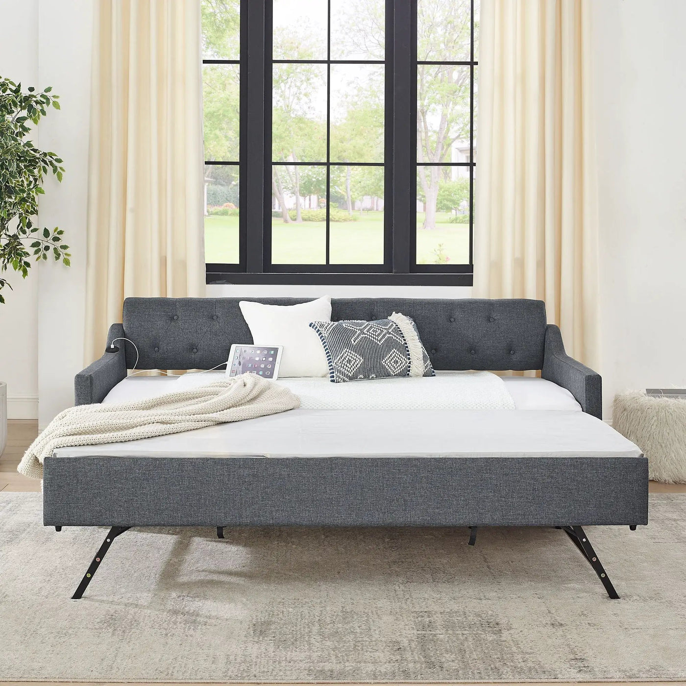 Size Upholstered Daybed With Trundle And USB Charging Armrest by Unique Piece Furniture