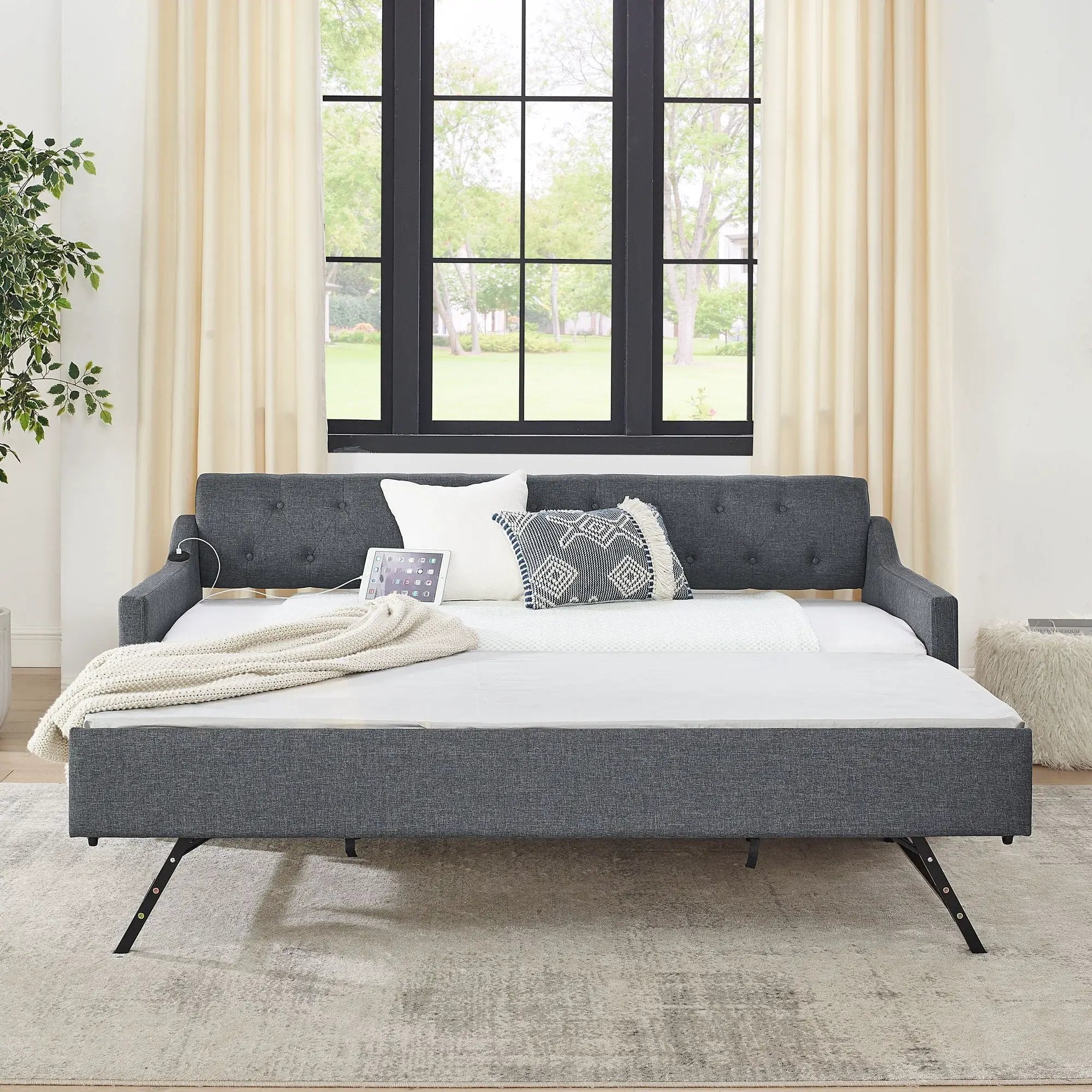 Size Upholstered Daybed With Trundle And USB Charging Armrest by Unique Piece Furniture