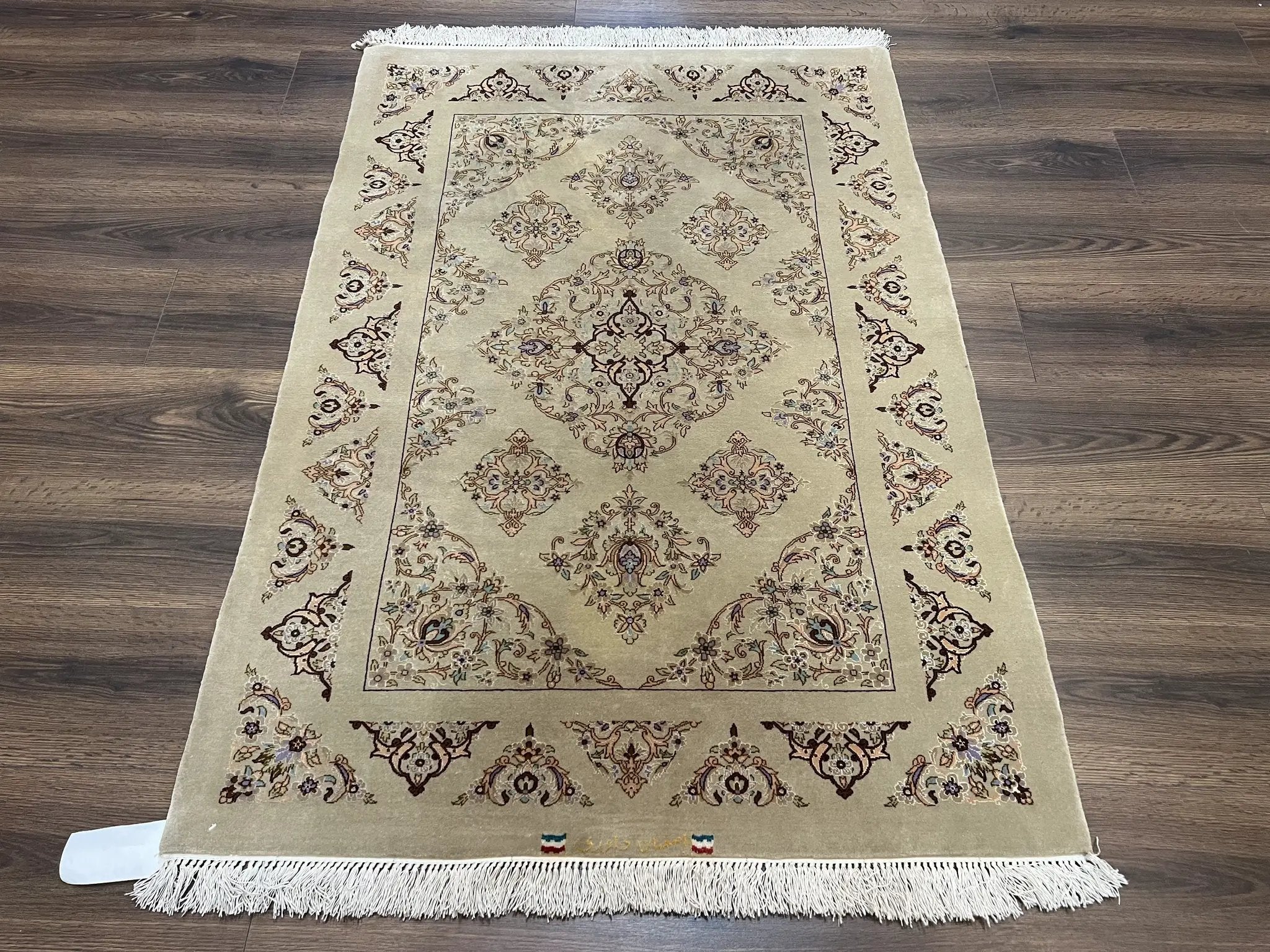 Very Fine Persian Isfahan Rug 3x5 ft with Signature, Kork Wool on Silk Foundation, Gray-Taupe Vintage Hand Knotted Oriental Carpet, 60 Raj 460 KPSI by Jewel Rugs