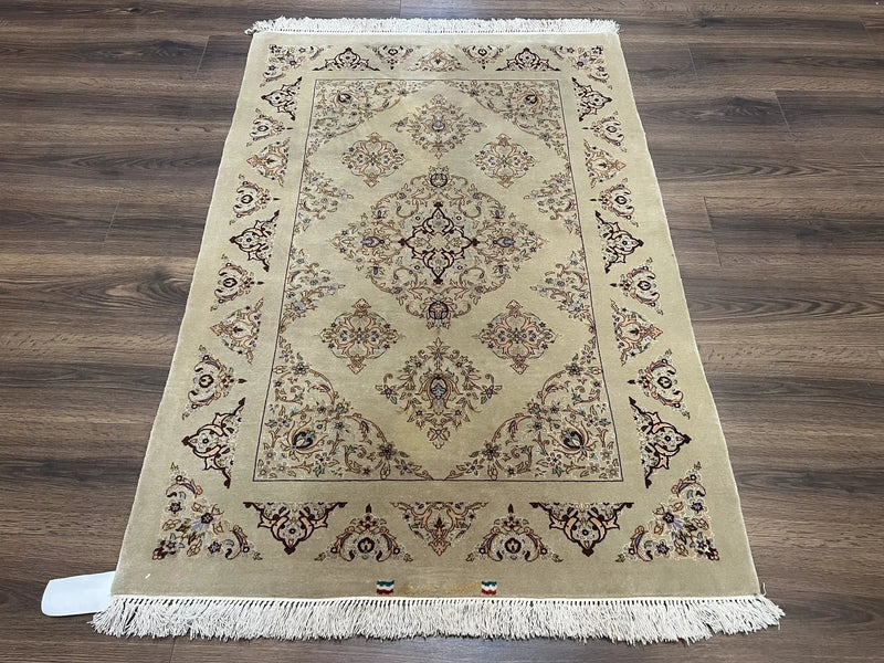Very Fine Persian Isfahan Rug 3x5 ft with Signature, Kork Wool on Silk Foundation, Gray-Taupe Vintage Hand Knotted Oriental Carpet, 60 Raj 460 KPSI by Jewel Rugs