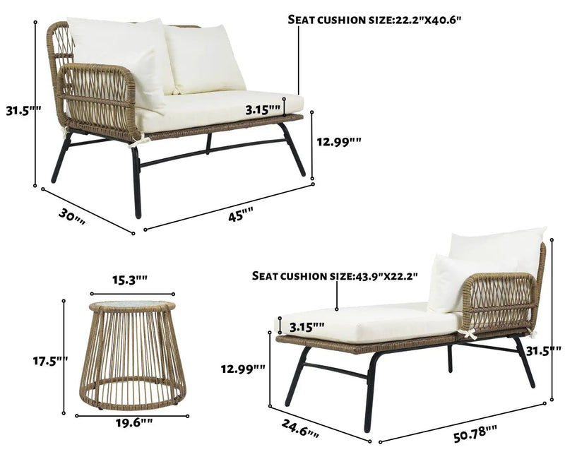 6PCS Outdoor Patio Balcony Natural Color Wicker Sofa Chair Set with Beige Cushion,Round Tempered Glass Table by HouseOfZazla