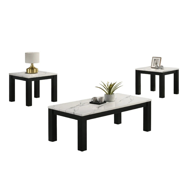 Modern 3 Piece Living Room Table Set With Faux Marble Top Wooden - Black / White by Unique Piece Furniture