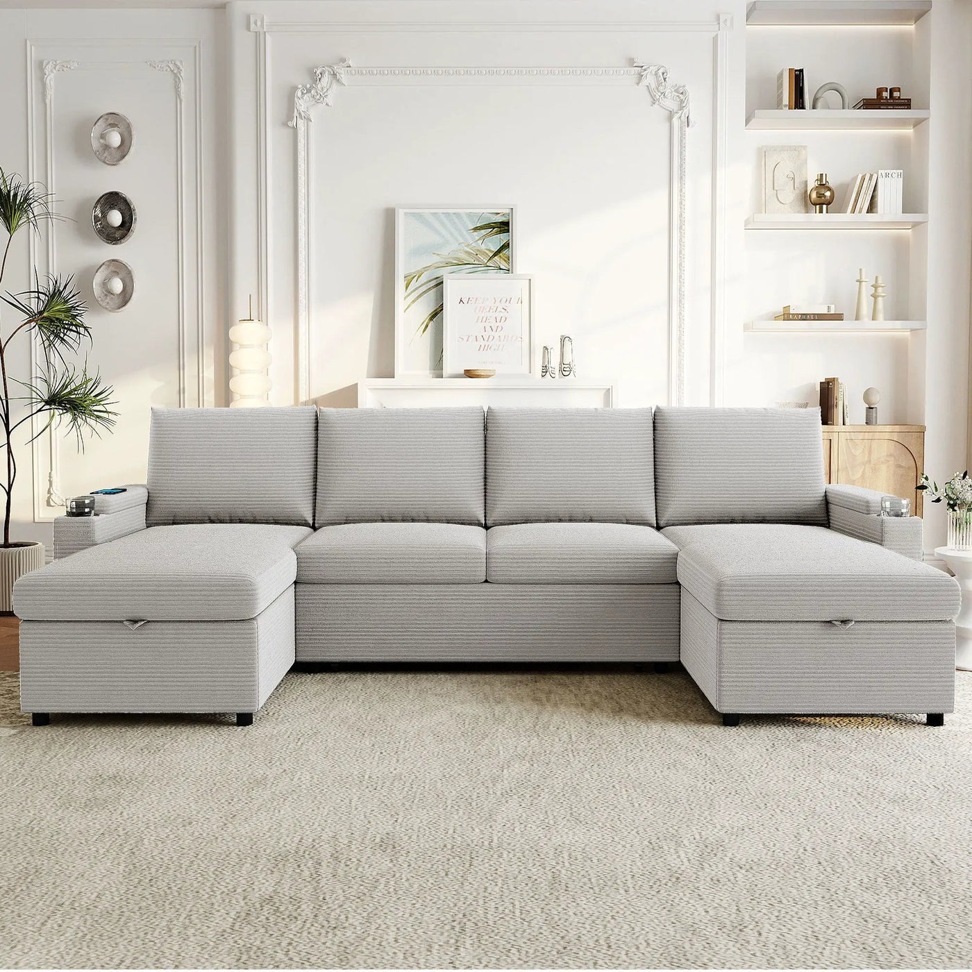 U Shaped Sectional Sofa Bed With Storage Chaise Lounges, USB Ports, And Cup Holders by HouseOfZazla